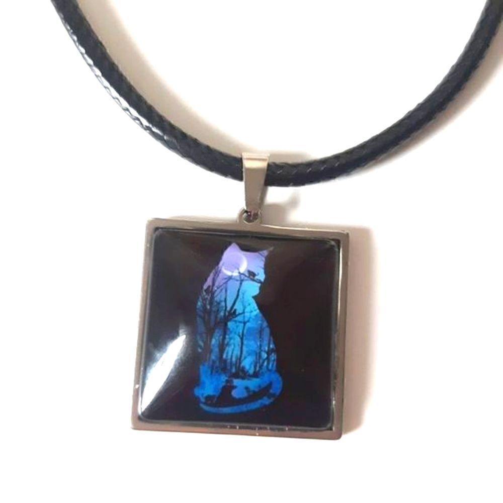 Cat Silhouette Hand Crafted Stainless Steel Charm Leather Adjustable Necklace